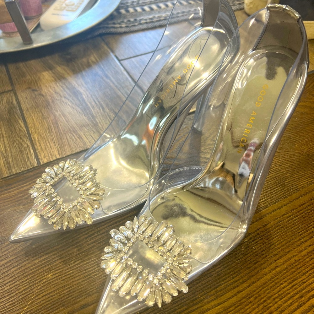 good Anerican cinder f*cking Ella heels in clear.
